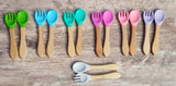 Baby silicone and wood spoon and fork set personalized