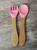 Baby silicone and wood spoon and fork set personalized