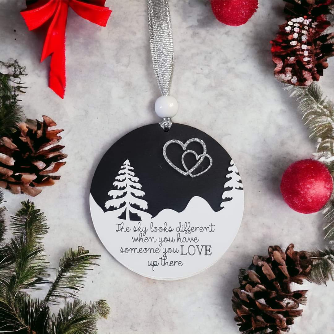 Black and white version The sky looks different when you have someone you love up there Memorial Christmas Ornament heart in sky Black & white