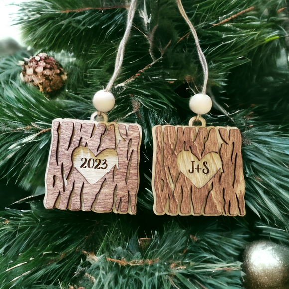 Wood Heart Tree Bark Christmas Ornament Personalized