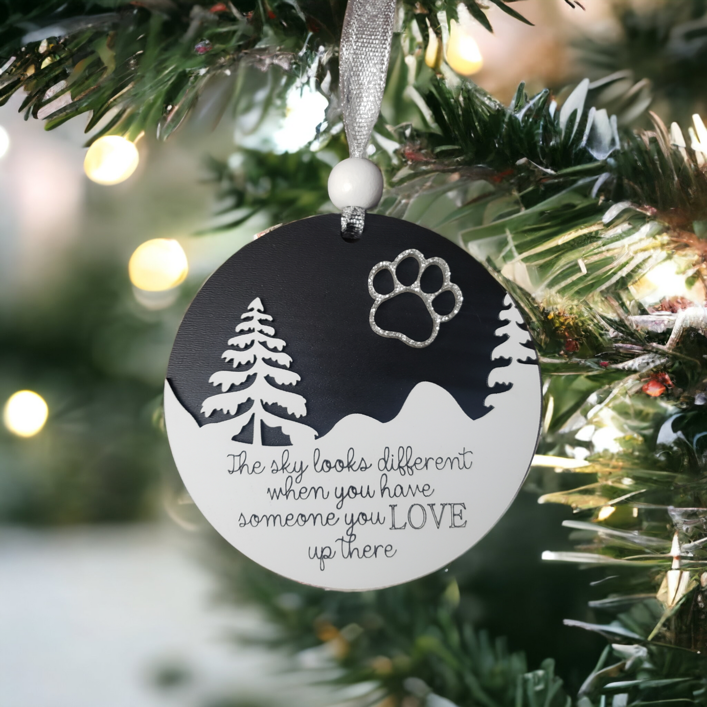 Black and white version The sky looks different when you have someone you love up there Memorial Christmas Ornament heart in sky Black & white