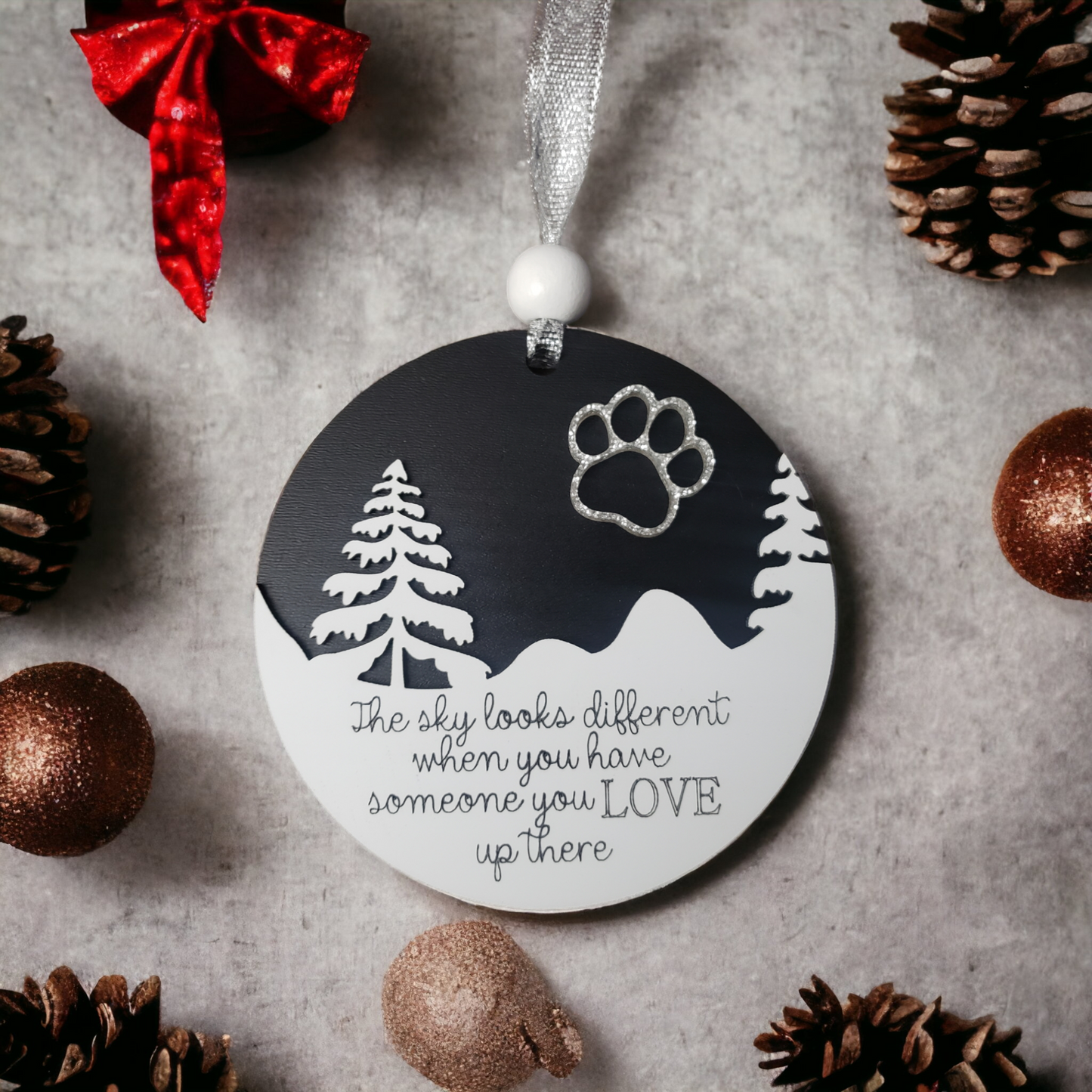 Black and white version The sky looks different when you have someone you love up there Memorial Christmas Ornament heart in sky Black & white