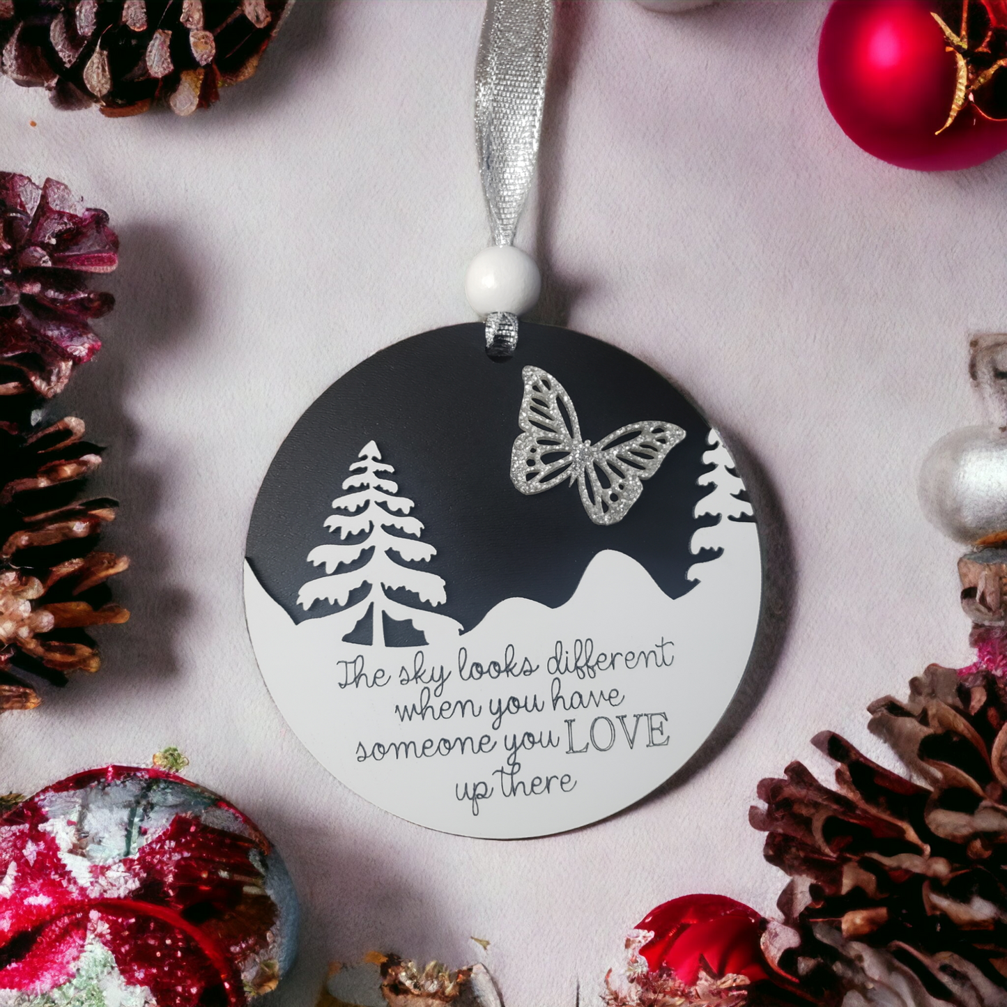 Black and white version The sky looks different when you have someone you love up there Memorial Christmas Ornament heart in sky Black & white