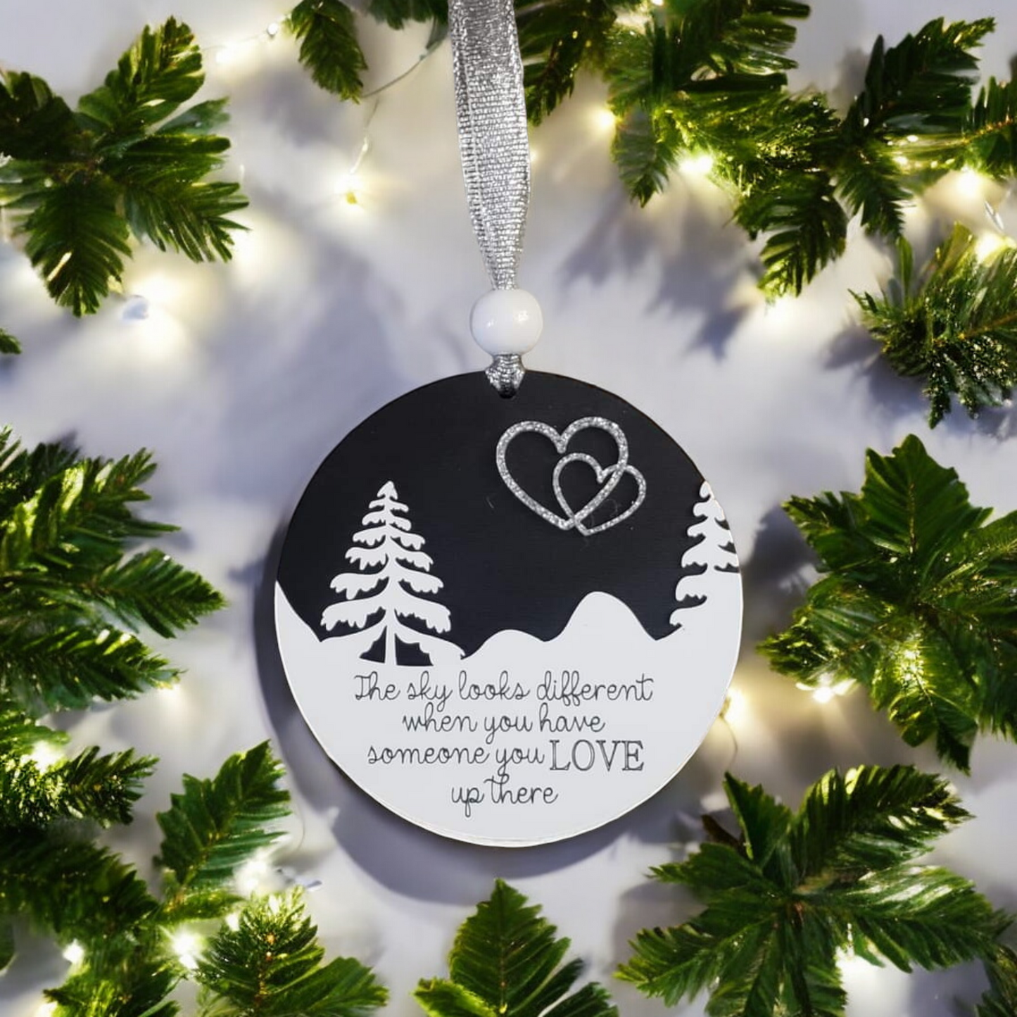 Black and white version The sky looks different when you have someone you love up there Memorial Christmas Ornament heart in sky Black & white