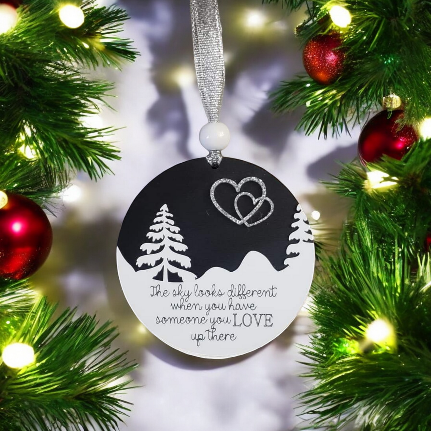 Black and white version The sky looks different when you have someone you love up there Memorial Christmas Ornament heart in sky Black & white