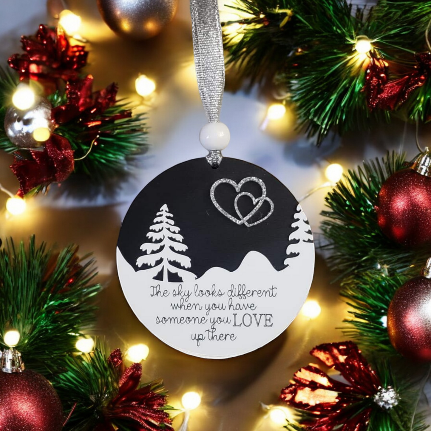 Black and white version The sky looks different when you have someone you love up there Memorial Christmas Ornament heart in sky Black & white