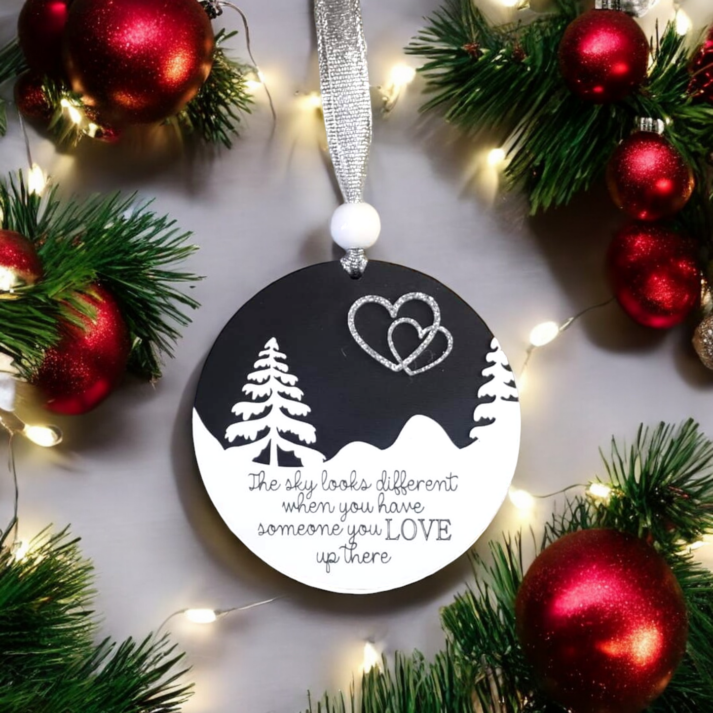 Black and white version The sky looks different when you have someone you love up there Memorial Christmas Ornament heart in sky Black & white