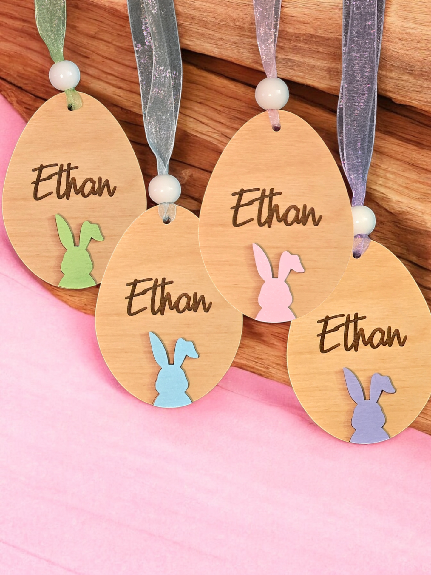 Easter egg with bunny ears basket tag or ornament personalized