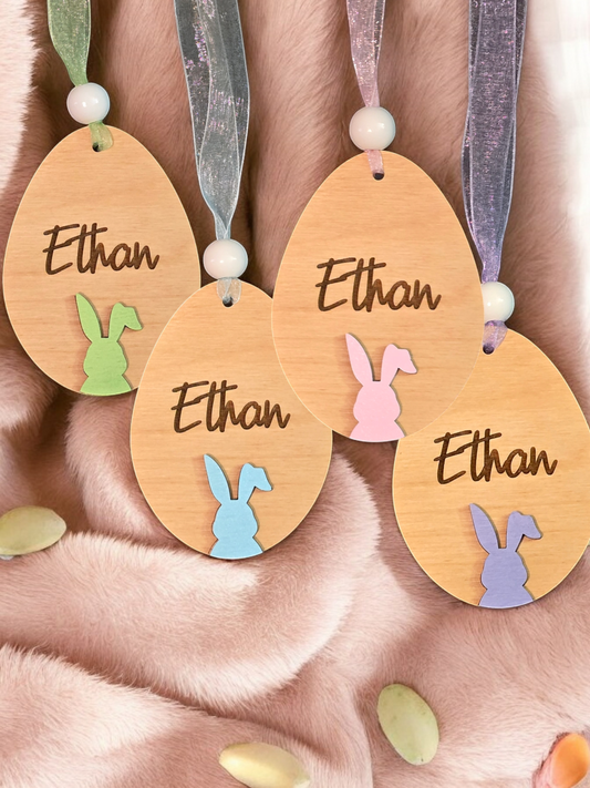 Easter egg with bunny ears basket tag or ornament personalized