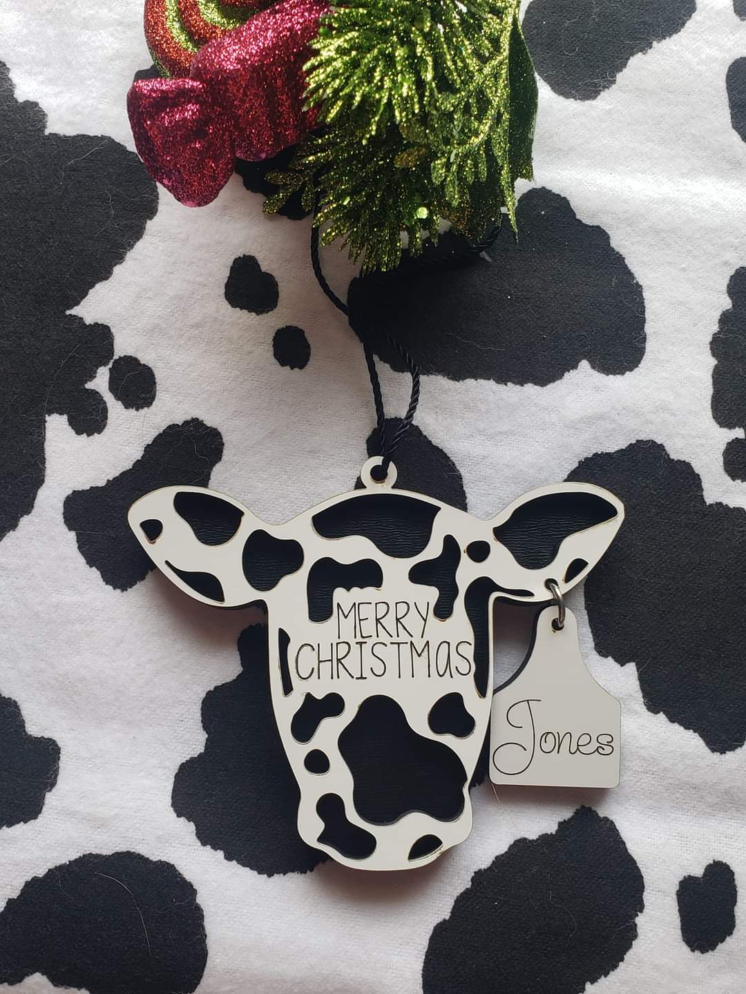 Merry Christmas Cow Head with tag Personalized Christmas Ornament