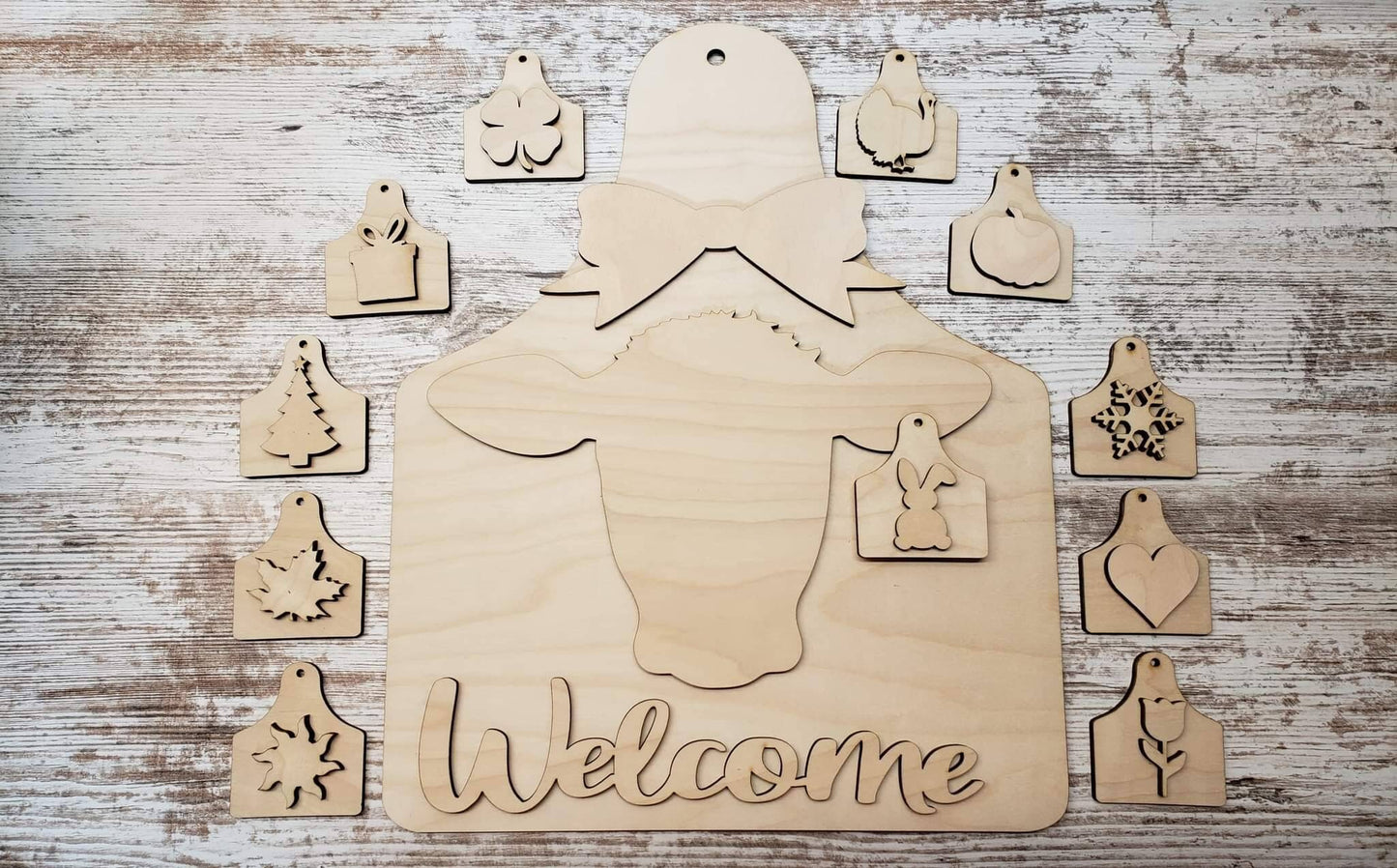 Cow Interchangeable Welcome Sign UNFINISHED Ear tag 12 x 15 Large Size