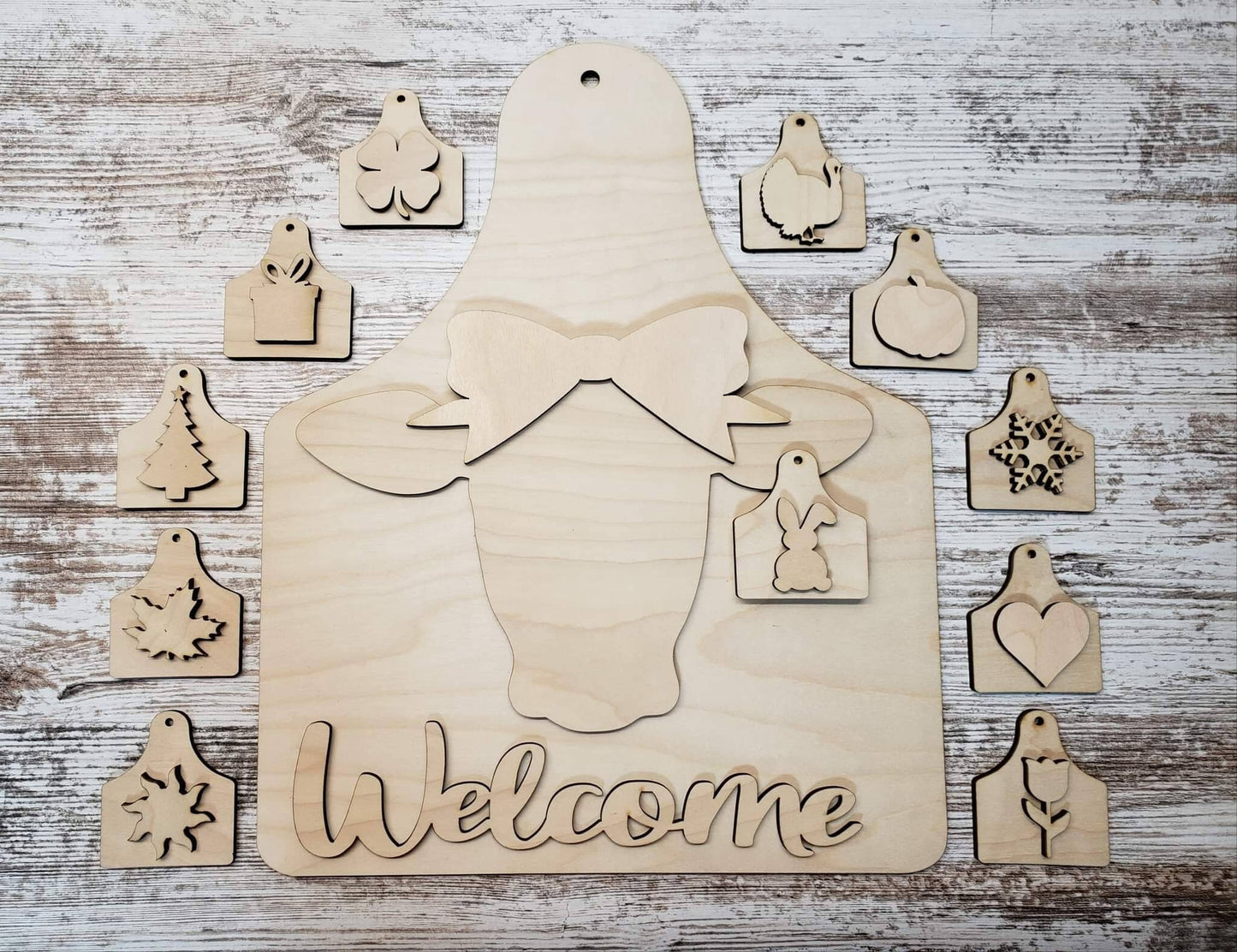 Cow Interchangeable Welcome Sign UNFINISHED Ear tag 12 x 15 Large Size